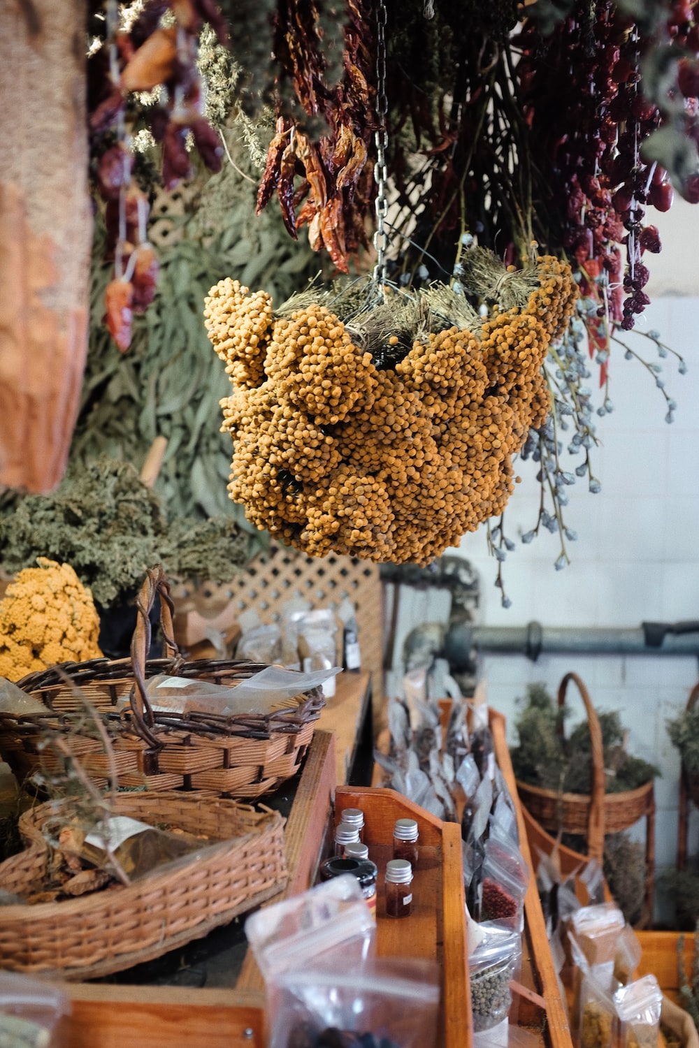a bunch of dried flowers hanging from a ceiling