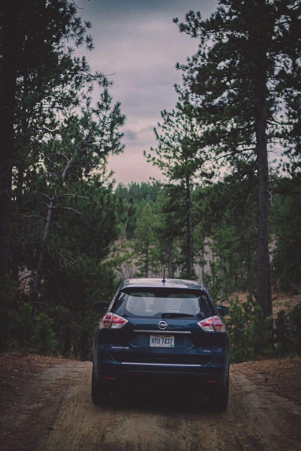 a car parked on a dirt road in the woods