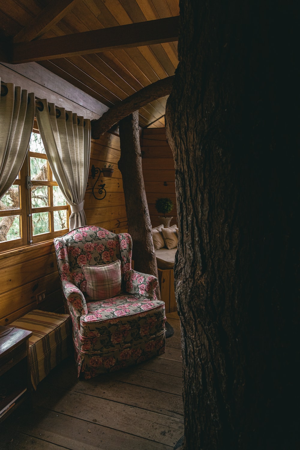 a chair and a table in a cabin