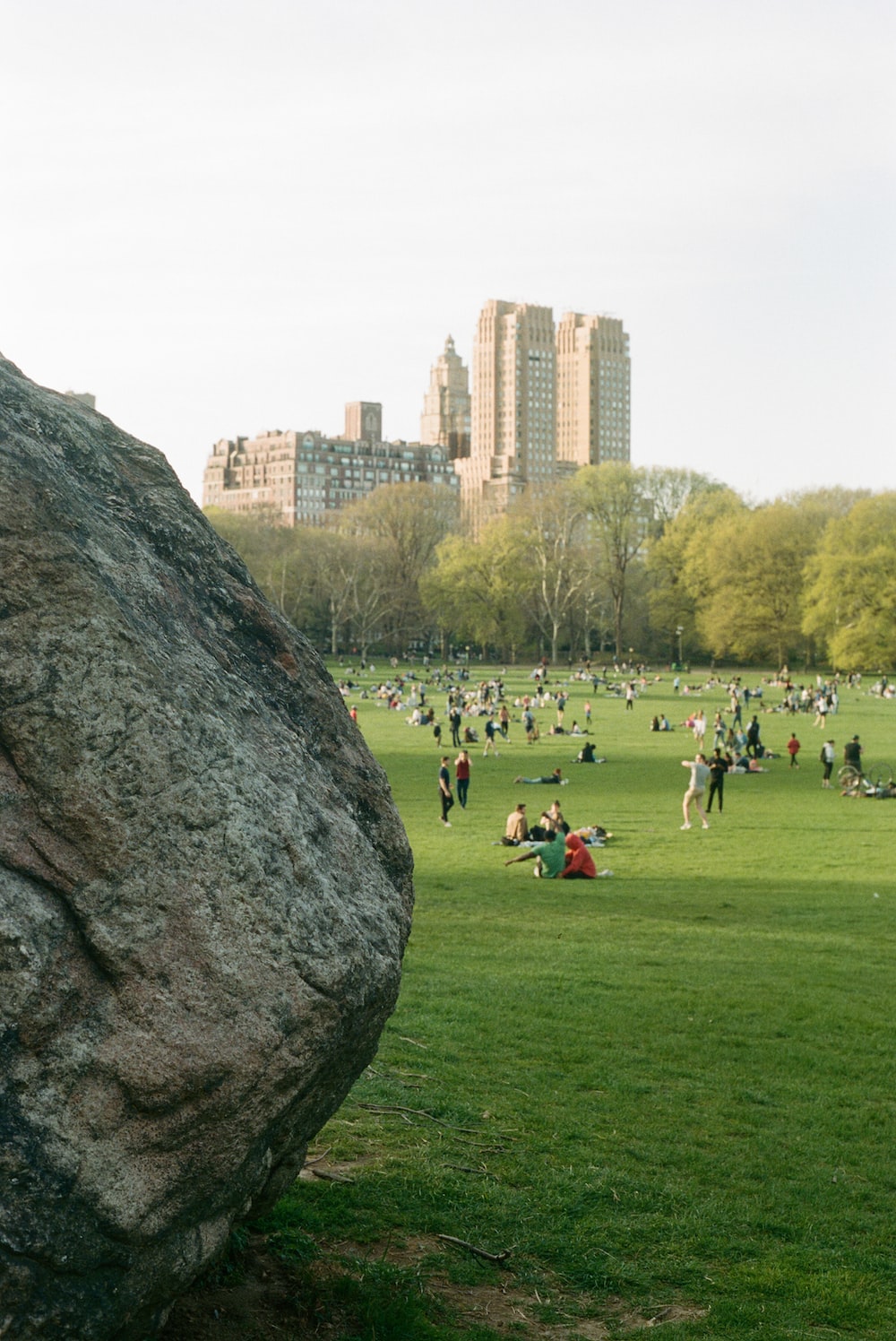 a large group of people in a park with a large rock in the middle