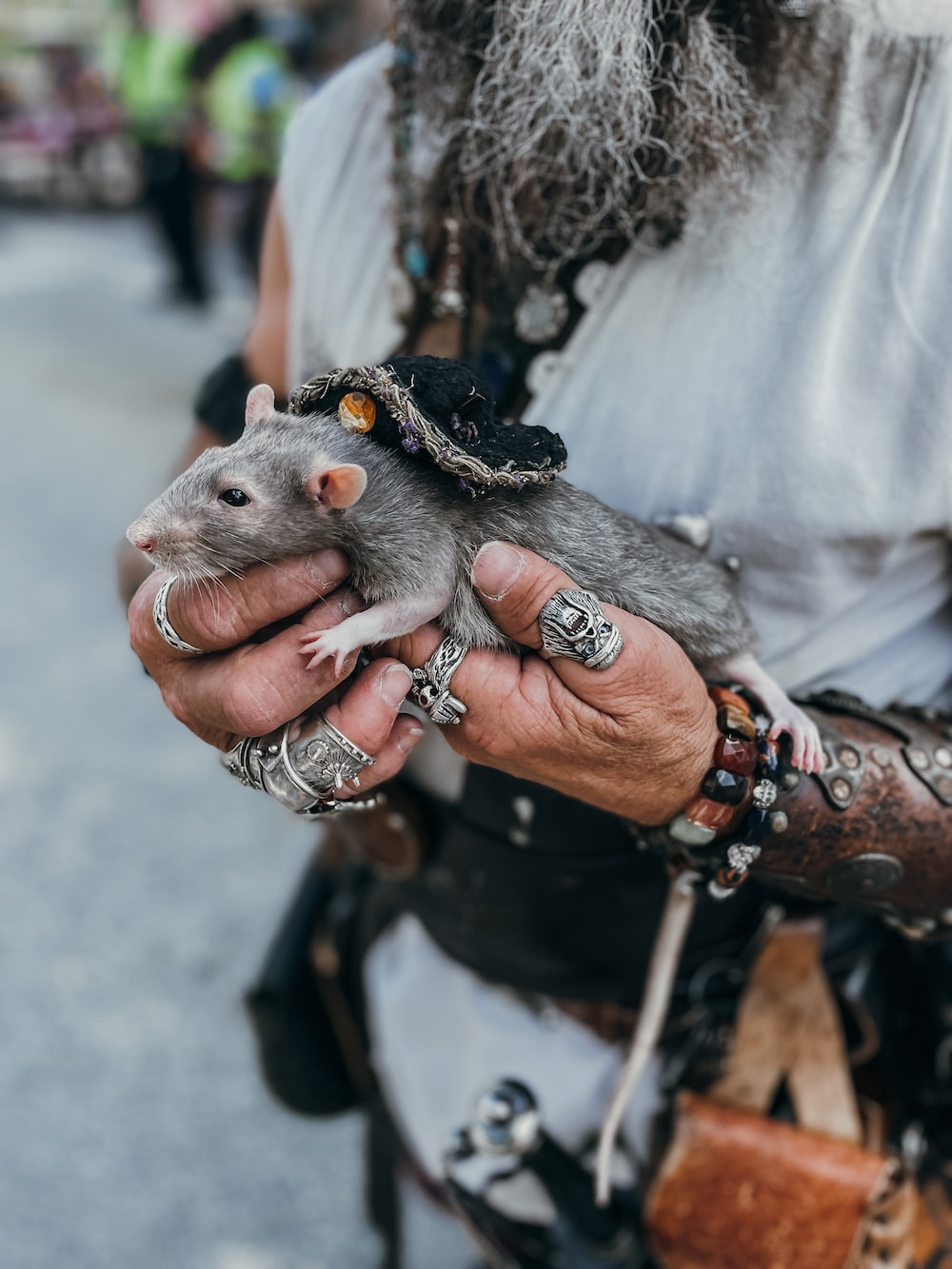 a man holding a rat in his hand