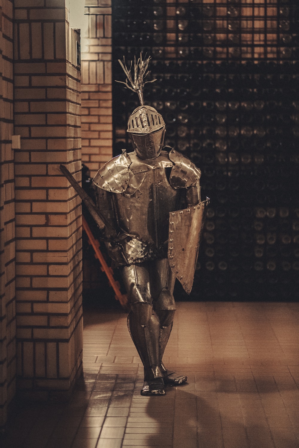 a man in a knight costume standing in a wine cellar