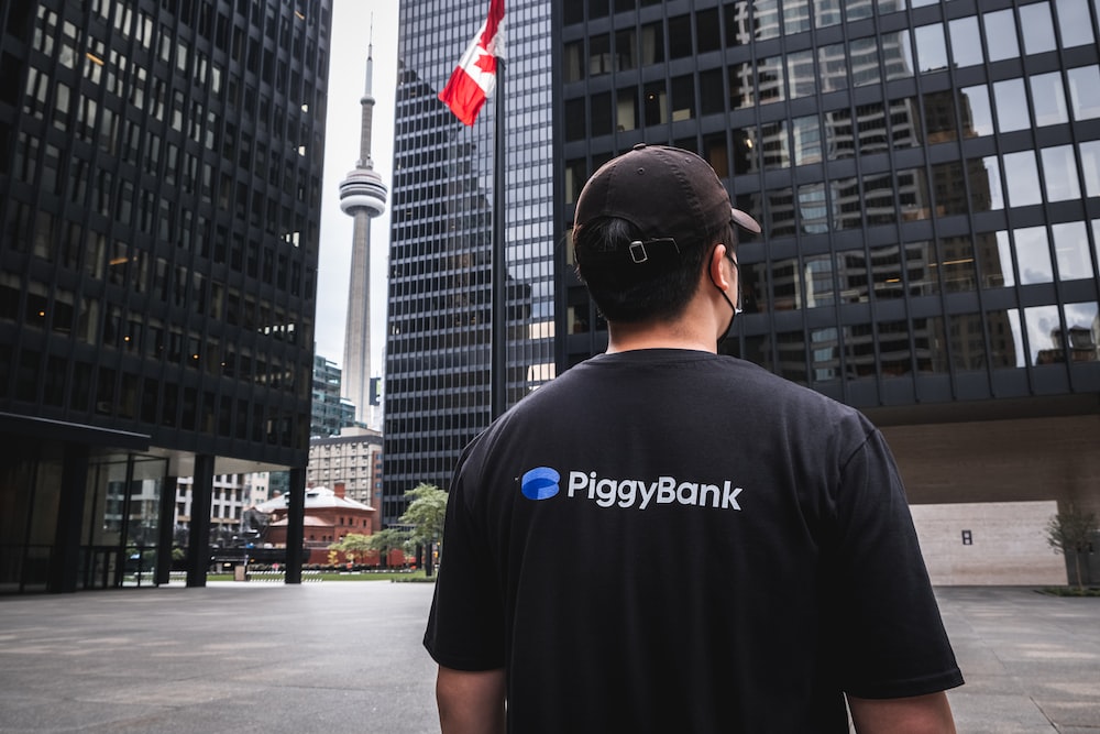 a man in a piggy bank t - shirt looking at a canadian flag