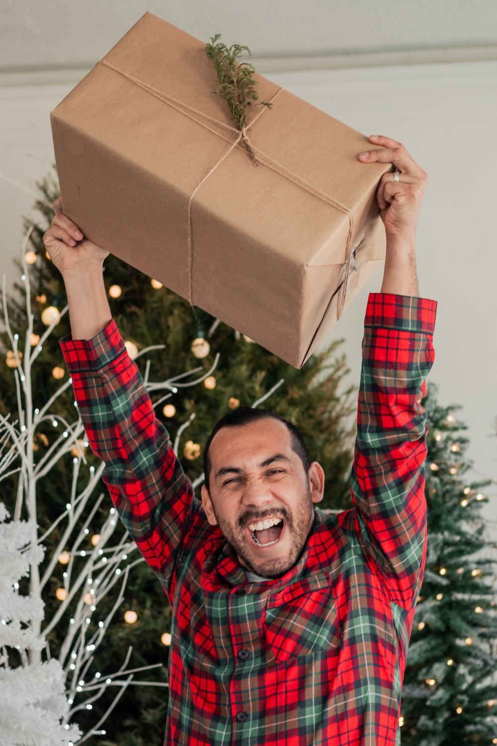 a man in a red and green plaid shirt holding a brown box over his head