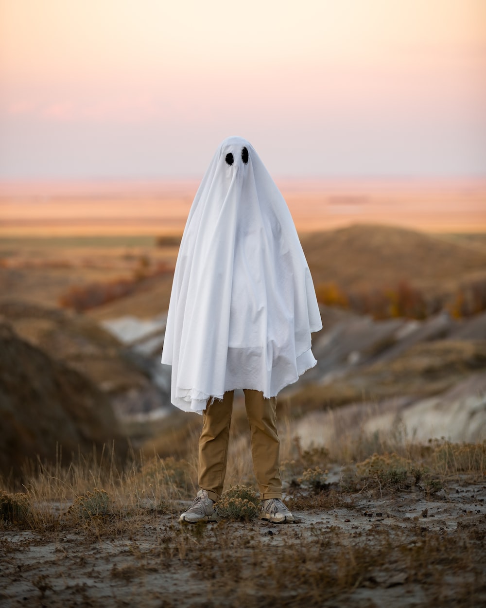 a person wearing a white sheet over their head