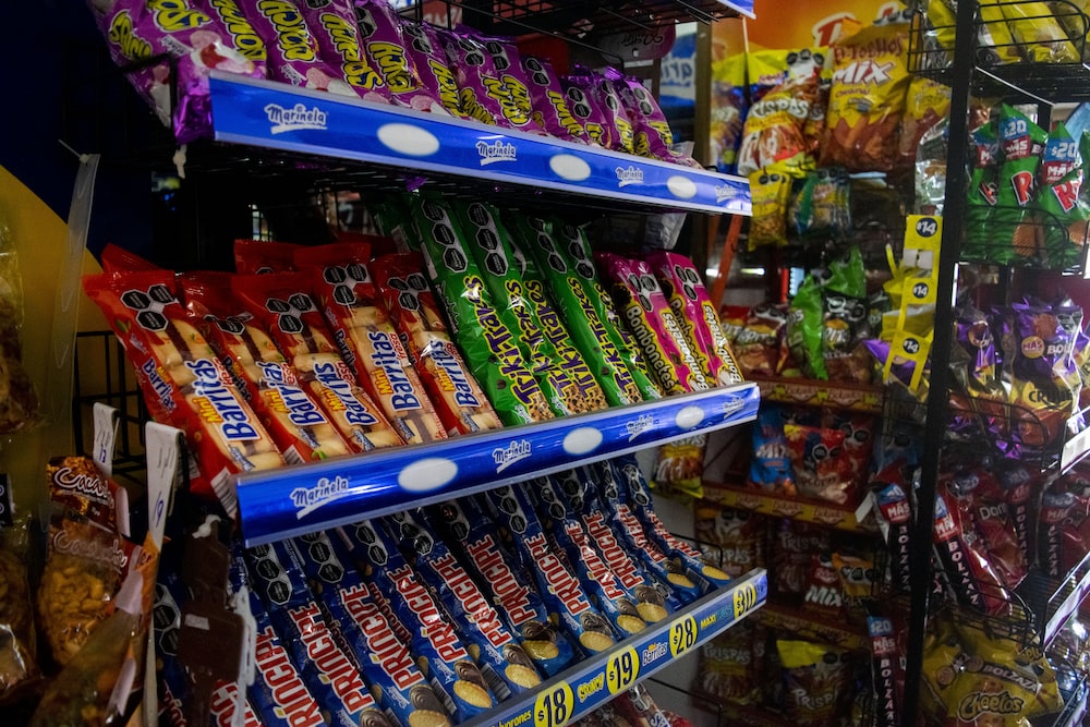 a shelf of candy