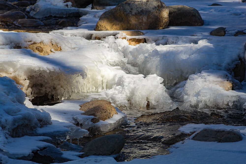 a stream of water surrounded by snow and rocks