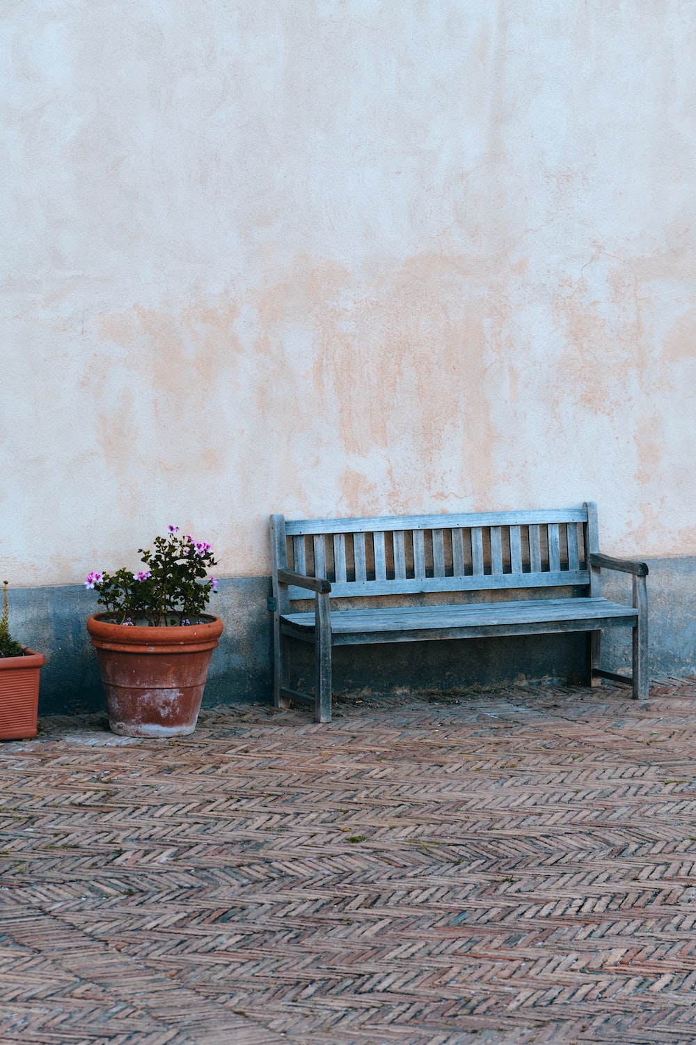 a wooden bench sitting next to a potted plant
