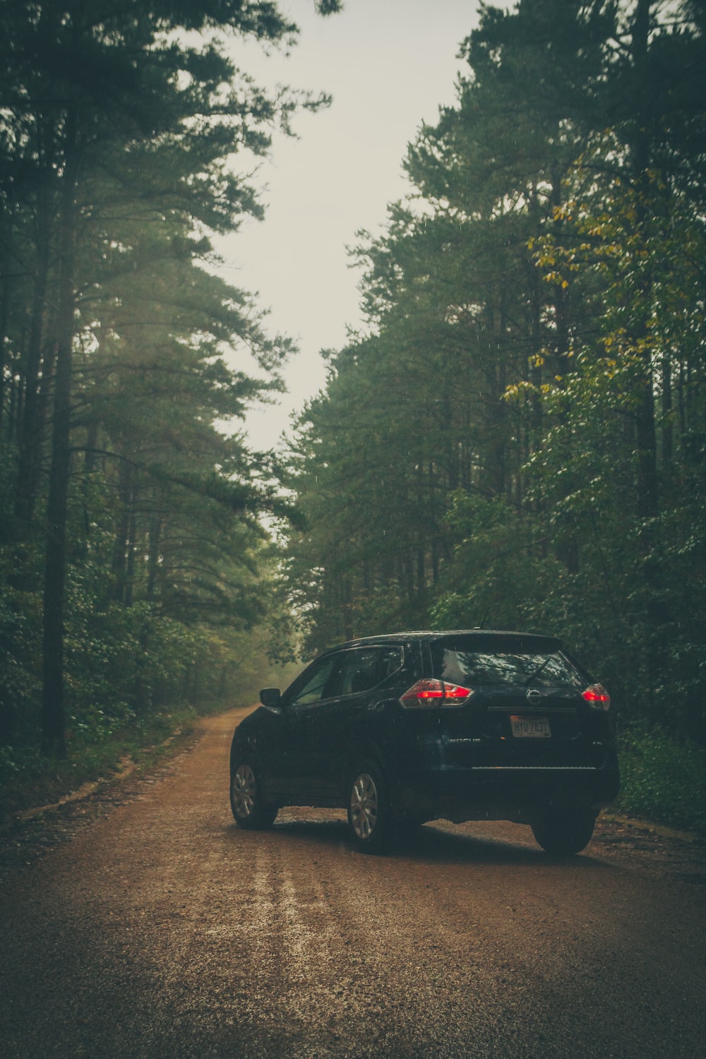 black sedan on road in between trees during daytime