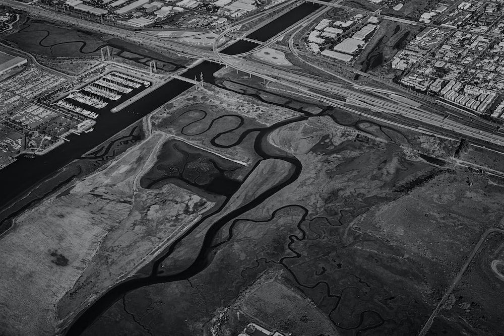 grayscale aerial photo of land